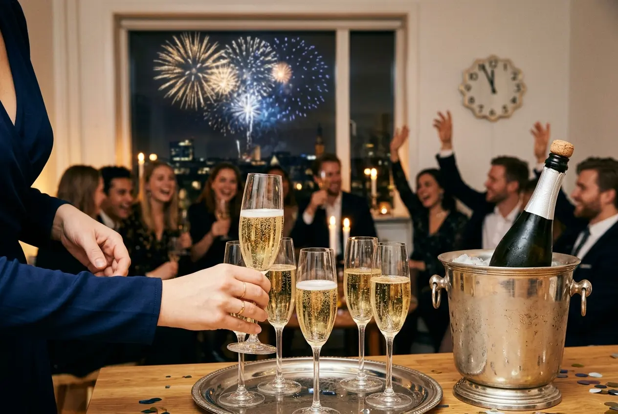 Champagneglas på bakke ved midnat nytårsaften med fyrværkeri bag vinduet